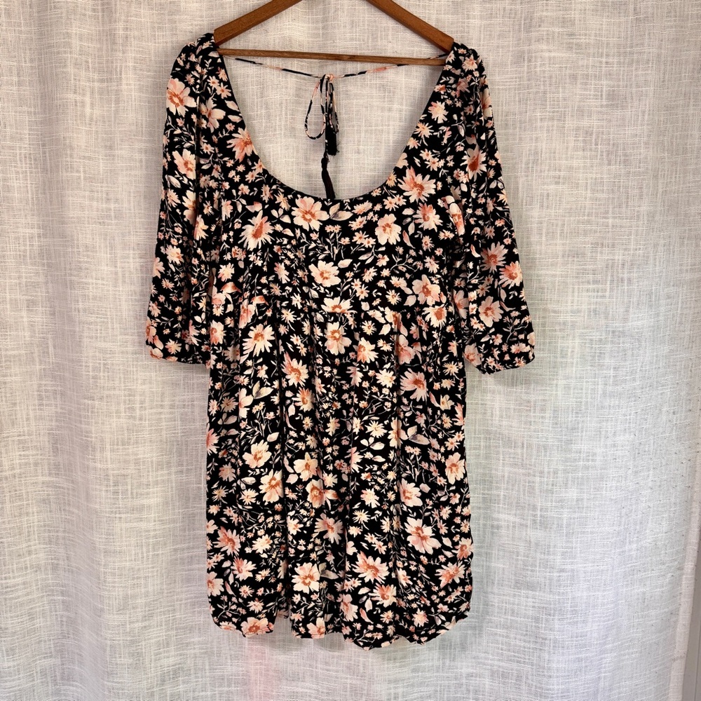 American Eagle Square Neck Tie Back Mini Dress Black Pink Floral Print Sz Large